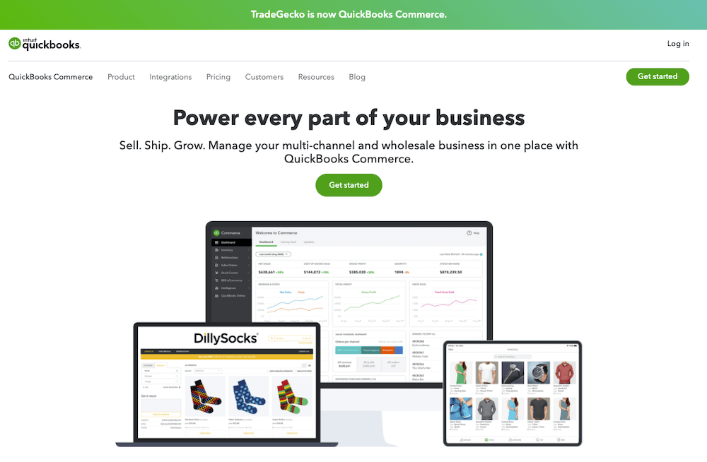 QuickBooks Commerce (formerly TradeGecko) homepage: "Power every part of your business; Sell. Ship. Grow. Manage your multi-channel and wholesale business in one place with QuickBooks Commerce."