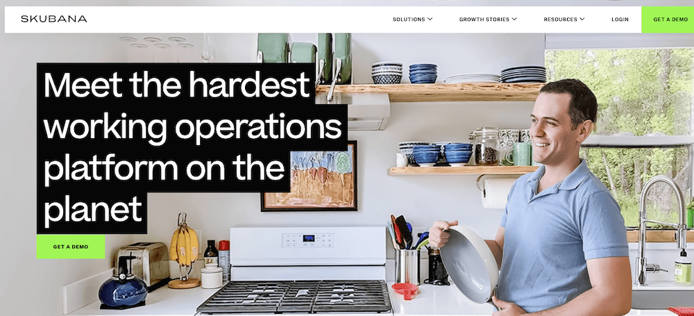 Skubana homepage: "Meet the hardest working operations platform on the planet [Book a Demo]"