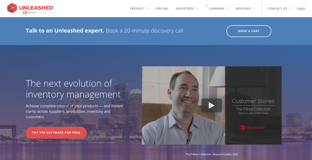 The Unleashed Homepage: "The next evolution of inventory management; achieve complete control of your products and instant clarify across suppliers, production, inventory and customers."